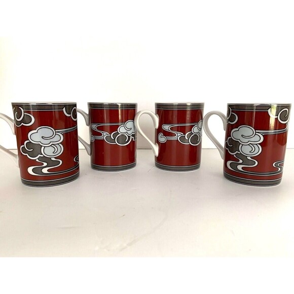 Set of 4 Rare Fitz & Floyd Mouchet d'Argent Mugs Cups 1978 Cinnamon Red & Gray - Picture 2 of 12
